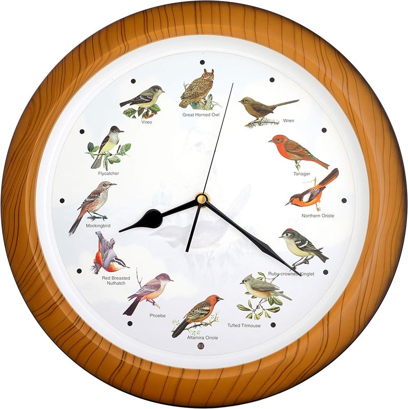 JUSTIME Lovely Collection 14-inch Plays 12 Popular North American Bird's Songs Wall Clock Mantel Clock Home Deco Multicolor(TCBD064 Wooden Grain) - Image 1