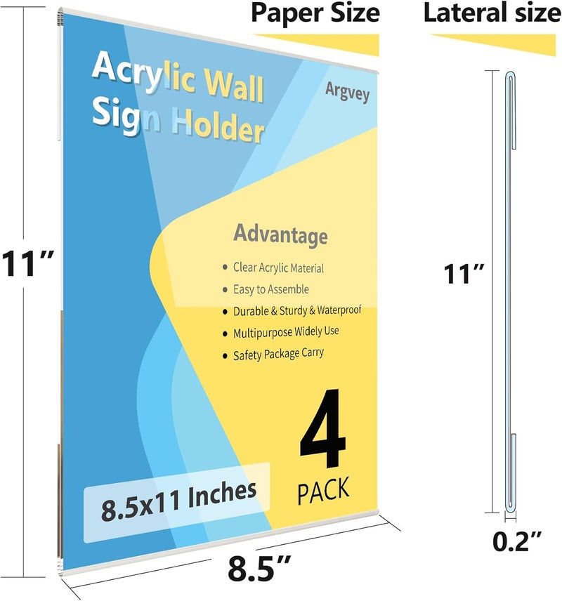 Argvey Acrylic Sign Holder 8.5 X 11 inch Wall Mount, 4-Pack Clear Plastic Paper Sign Holder with 3M Tape, Menu Advertising Flyer Display for Restaurant, Hotel, Office and Store - Image 3