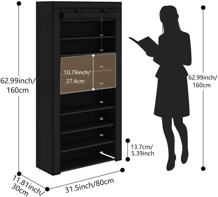 Calmootey 9 Tier Shoe Rack Organizer,Portable Shoe Shelf with Nonwoven Fabric Cover for Closet Hallway,Bedroom,Entryway,31.50x11.81x62.99inches,Black - Image 3