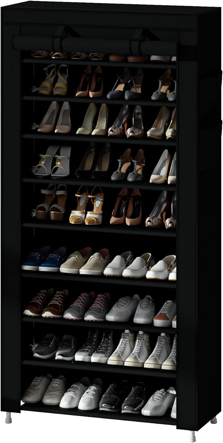 Calmootey 9 Tier Shoe Rack Organizer,Portable Shoe Shelf with Nonwoven Fabric Cover for Closet Hallway,Bedroom,Entryway,31.50x11.81x62.99inches,Black - Image 1