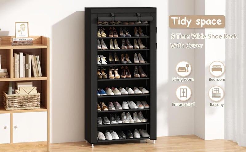 Calmootey 9 Tier Shoe Rack Organizer,Portable Shoe Shelf with Nonwoven Fabric Cover for Closet Hallway,Bedroom,Entryway,31.50x11.81x62.99inches,Black - Image 4