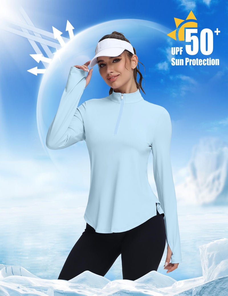 GGOV Women's Golf Polo Long Sleeve Workout Tops V Neck UPF 50+ Sun Protection Quick Dry Lightweight Active Tennis Shirts Lake Blue - Image 3