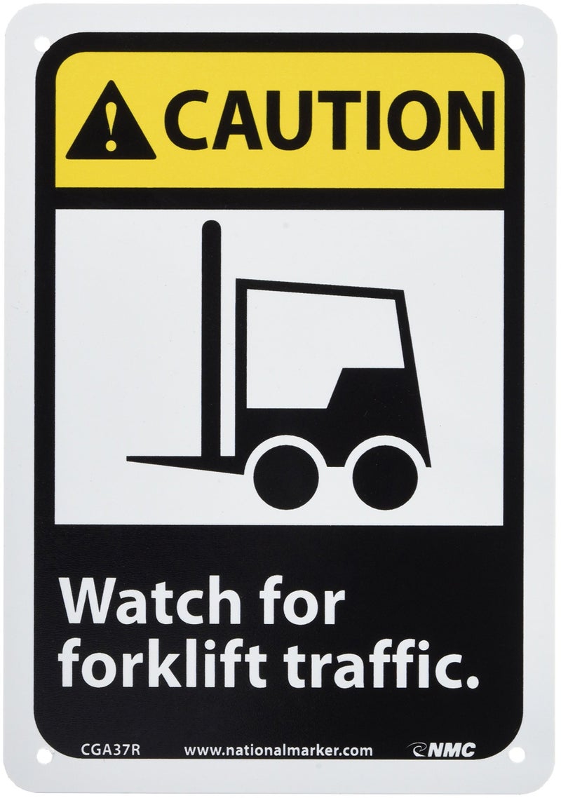 NMC CGA37R OSHA Sign, Legend "CAUTION - Watch for forklift traffic" with Graphic, 10" Length x 7" Height, Rigid Plastic, Yellow/Black on White - Image 1