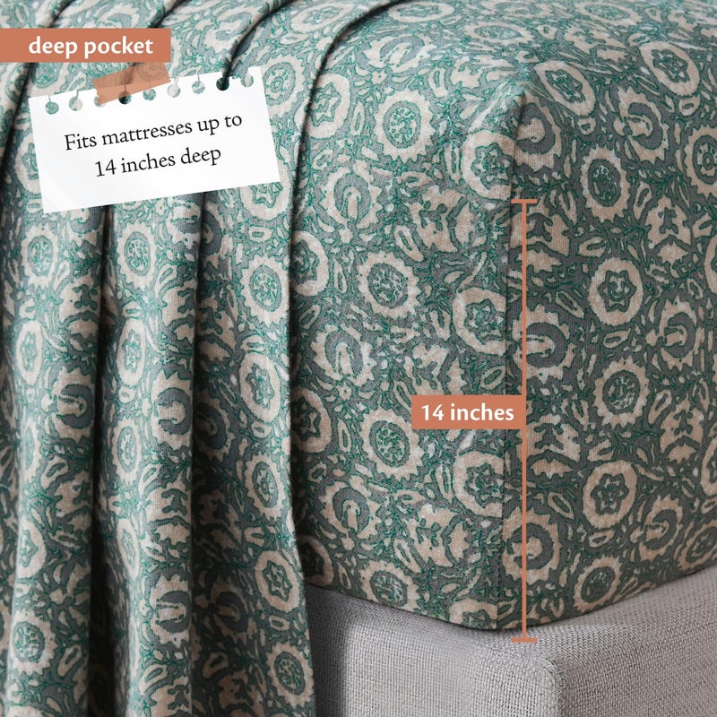 Indigo Ink - Queen Bed Sheets, Cotton Flannel Bedding with Matching Pillowcases, Ultra-Soft Floral Bed Set, Medium-Weight for All Year Use, Oeko-Tex Certified (Jacobean Oasis Collection, Green) - Image 4