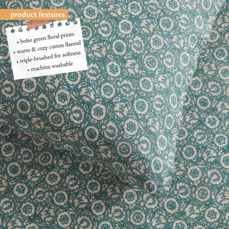 Indigo Ink - Queen Bed Sheets, Cotton Flannel Bedding with Matching Pillowcases, Ultra-Soft Floral Bed Set, Medium-Weight for All Year Use, Oeko-Tex Certified (Jacobean Oasis Collection, Green) - Image 5
