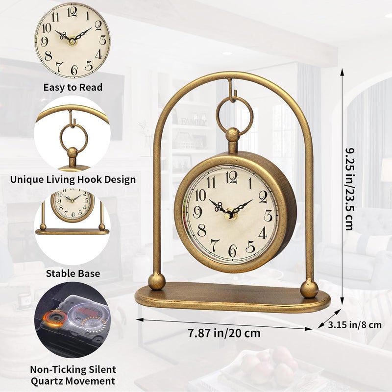 JUMBO DECOR Vintage Small Gold Table Clock, Farmhouse Table Clock, Silent Non-Ticking Battery Operated Desk and Shelf Clocks for Living Room Bedroom Kitchen Home Decor - Image 2
