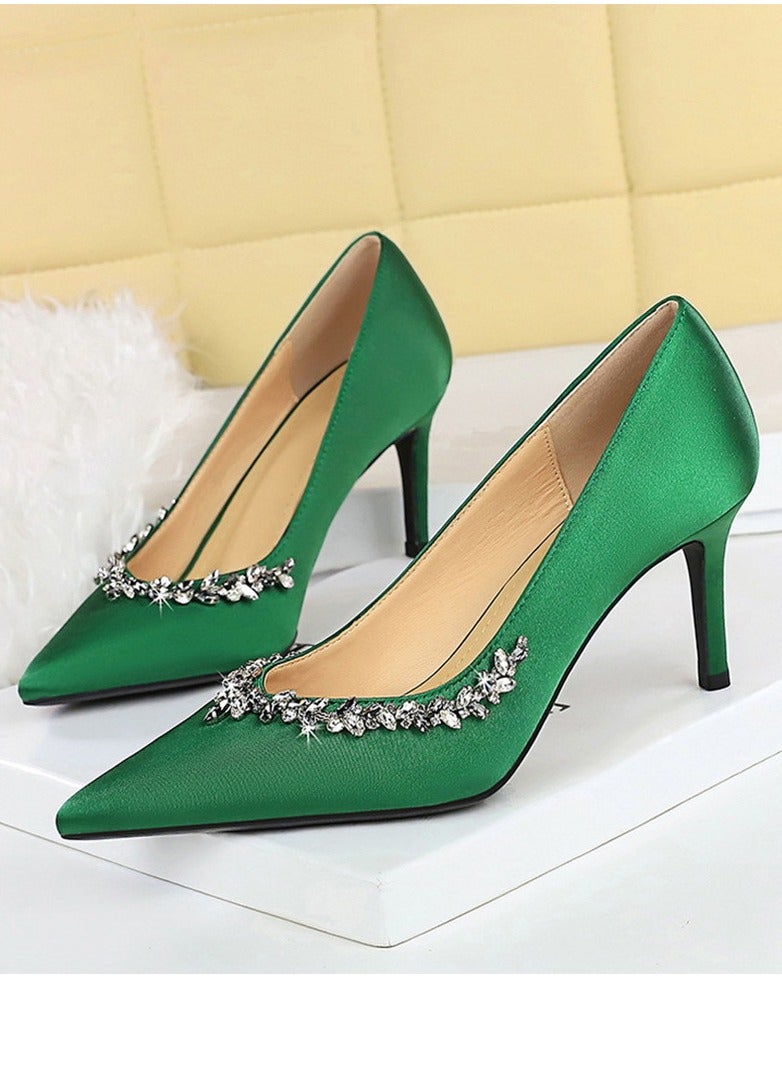 BIGTREE Women's Rhinestone Decoration Party Stiletto Pumps Satin Pointed Closed Toe High Heels Green 7CM - Image 1