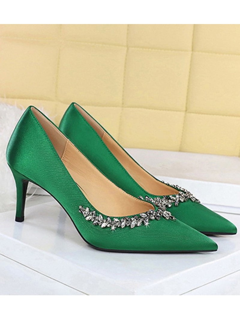 BIGTREE Women's Rhinestone Decoration Party Stiletto Pumps Satin Pointed Closed Toe High Heels Green 7CM - Image 2
