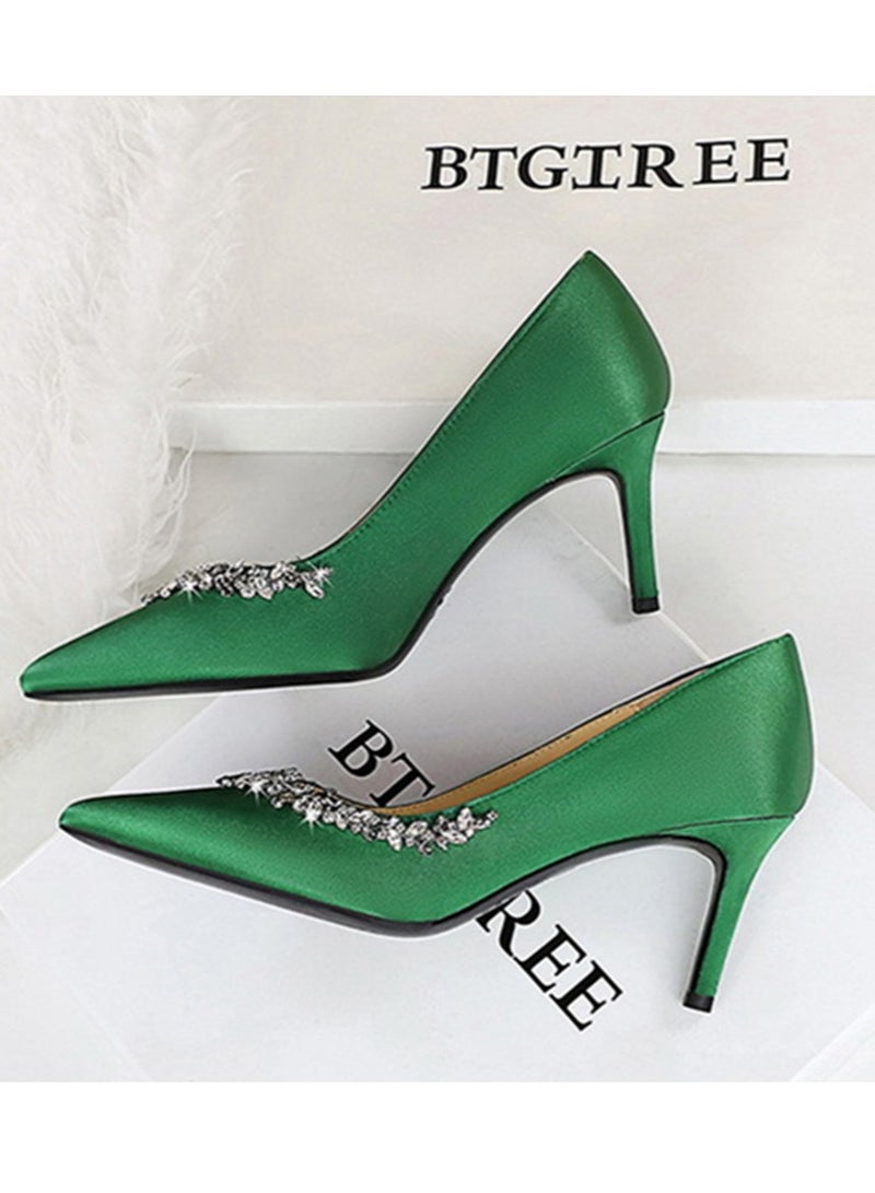 BIGTREE Women's Rhinestone Decoration Party Stiletto Pumps Satin Pointed Closed Toe High Heels Green 7CM - Image 3