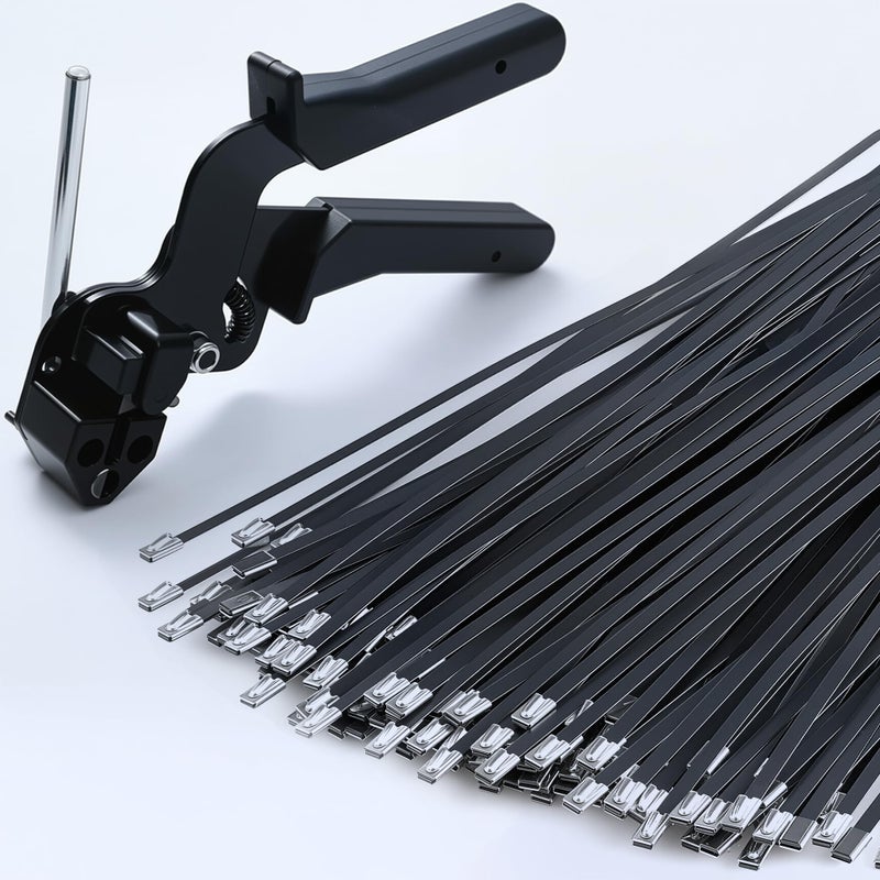 Balabulala Black Metal Zip Ties with Stainless Steel Cable Tie Gun for Fastening and Cutting Metal Cable Ties, with 100pcs 11.8inch Uv Resistant Steel Zip Ties for Chain Link Fence, Exhaust Pipe - Image 1
