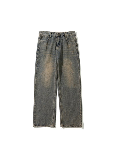 Retro Washed Whisker Straight-Leg Jeans for Men rust red