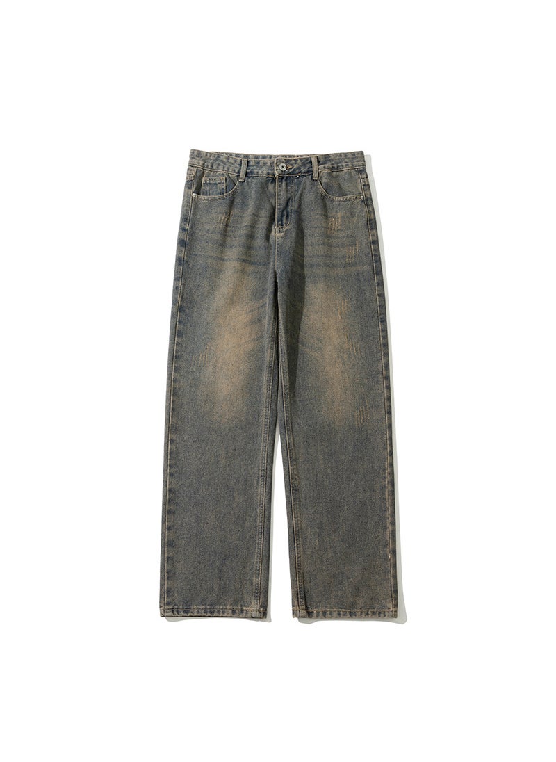 Generic - Retro Washed Whisker Straight-Leg Jeans for Men rust red - Image 1