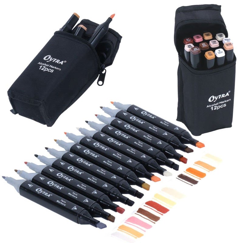 Oytra أقلام ماركر كحولية مزدوجة الطرف لرسم المانغا وبورتريه الرسم والتوضيح ورسم الأزياء والأنمي والرسومات المعمارية (12 لون من درجات لون البشرة) - Image 1