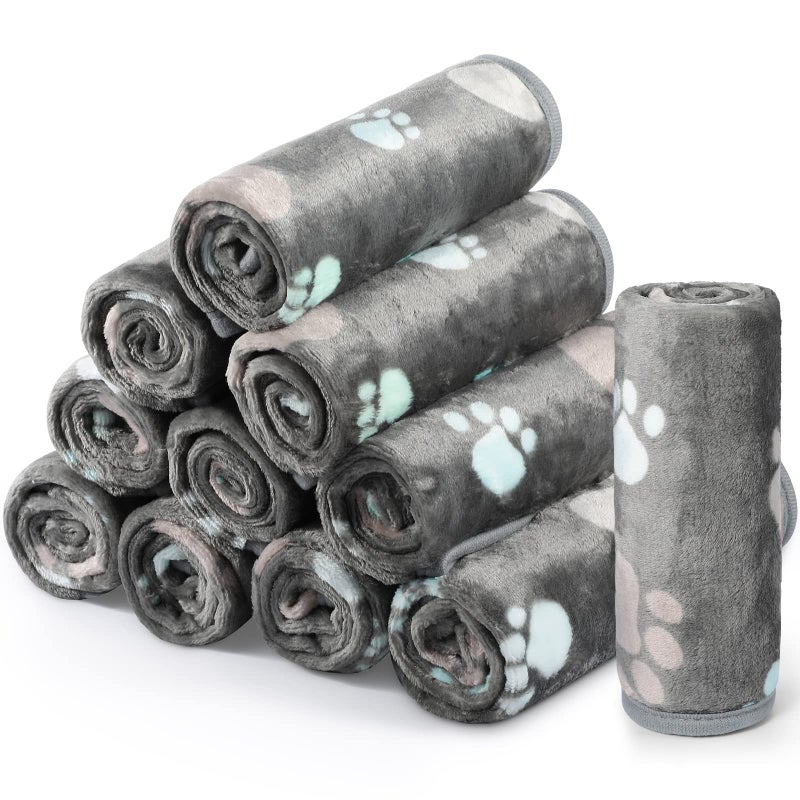 Tegeme 12 Pcs Pet Blankets Soft Fluffy Fleece Dog Cat Warm Paw Print Pattern Blankets Flannel Throw for Pets Dog Puppy Cat(23 x 16 Inch,Dark Gray) - Image 1