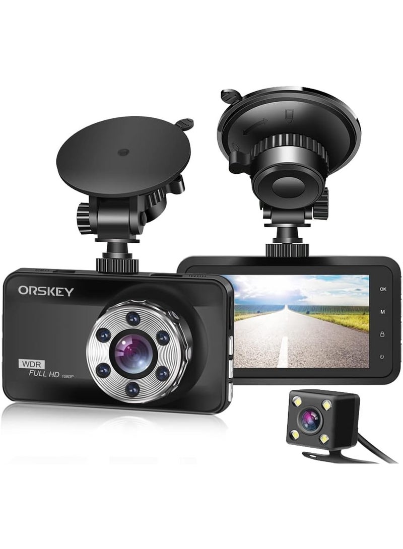 ORSKEY Dash Cam Front and Rear 1080P Full HD Dual Dash Camera, 170° Wide Angle, HDR, 3.0" LCD Display, Night Vision, Motion Detection, and G-Sensor - Image 1