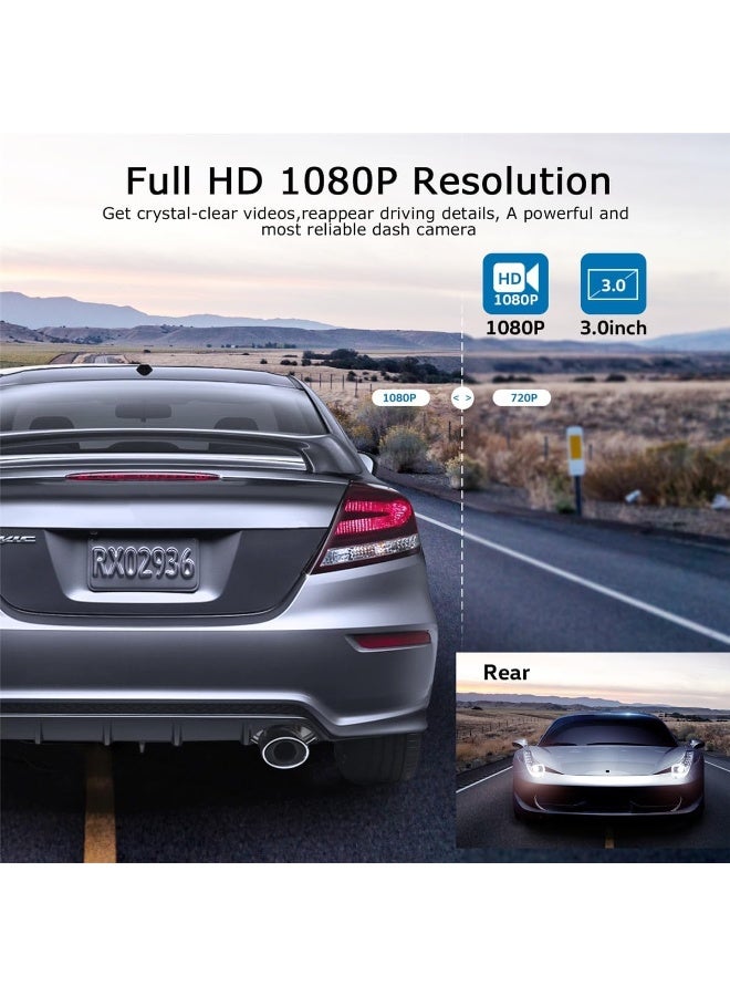 ORSKEY Dash Cam Front and Rear 1080P Full HD Dual Dash Camera, 170° Wide Angle, HDR, 3.0" LCD Display, Night Vision, Motion Detection, and G-Sensor - Image 4
