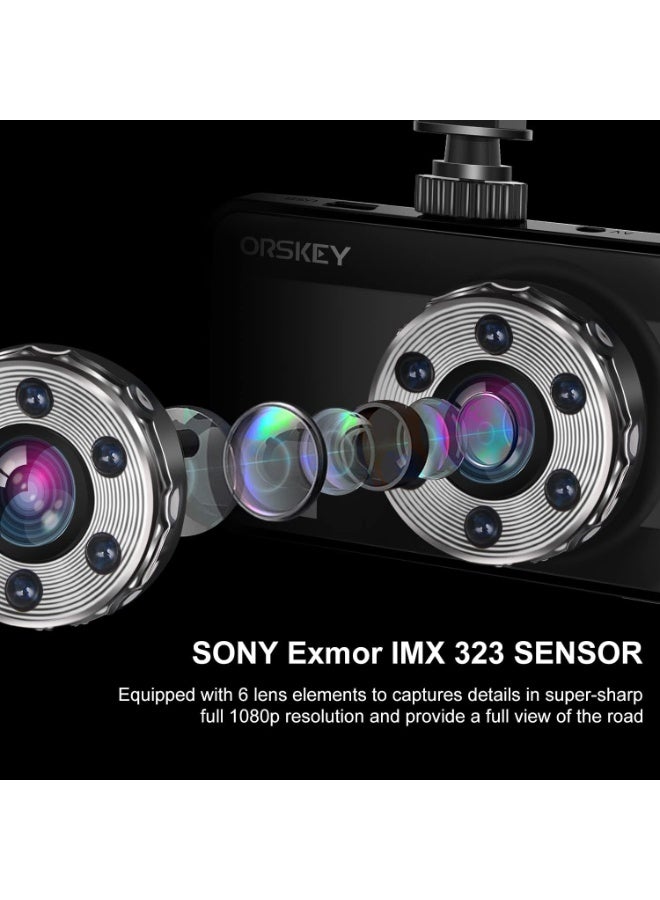 ORSKEY Dash Cam Front and Rear 1080P Full HD Dual Dash Camera, 170° Wide Angle, HDR, 3.0" LCD Display, Night Vision, Motion Detection, and G-Sensor - Image 2