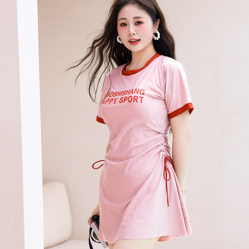 Extra large hot spring swimsuit womens one-piece boxer conservative slimming belly covering plus size fat girl fat girl fashion swimsuit women 83062 pink  - Image 4