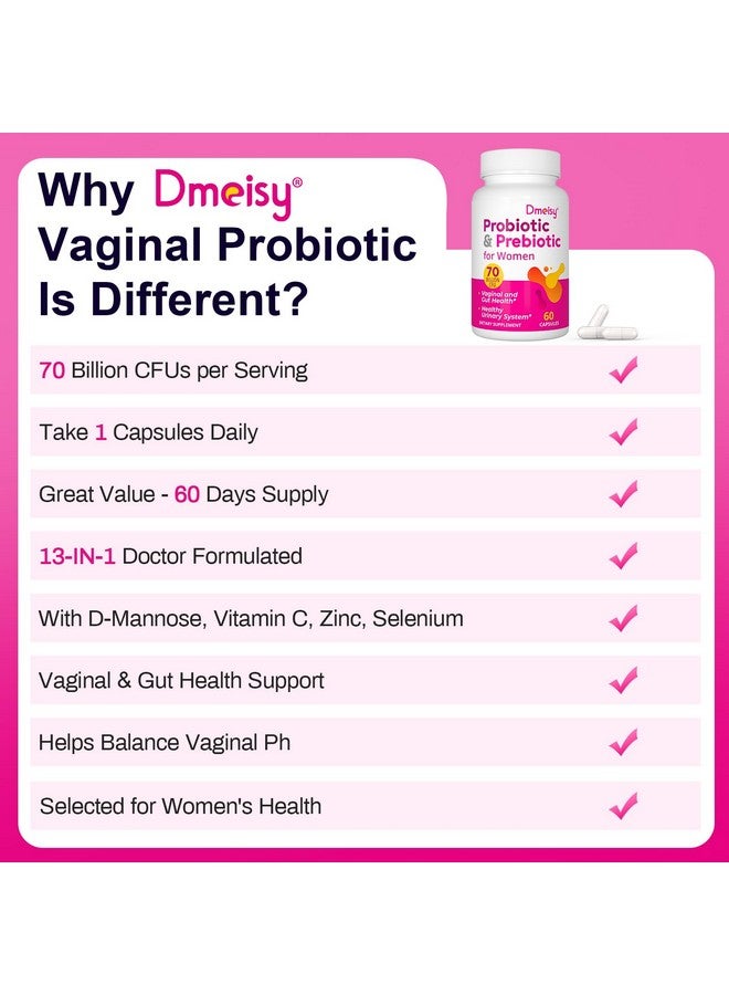 Dmeisy Vaginal Probiotics, 70 Billion CFU Probiotics for Women, 13-in-1 Womens Probiotic & Organic Prebiotics for Vaginal, Urinary, pH Balance, Immune, Gut & Digestive, Bloating Health - 2 Months Supply - Image 3