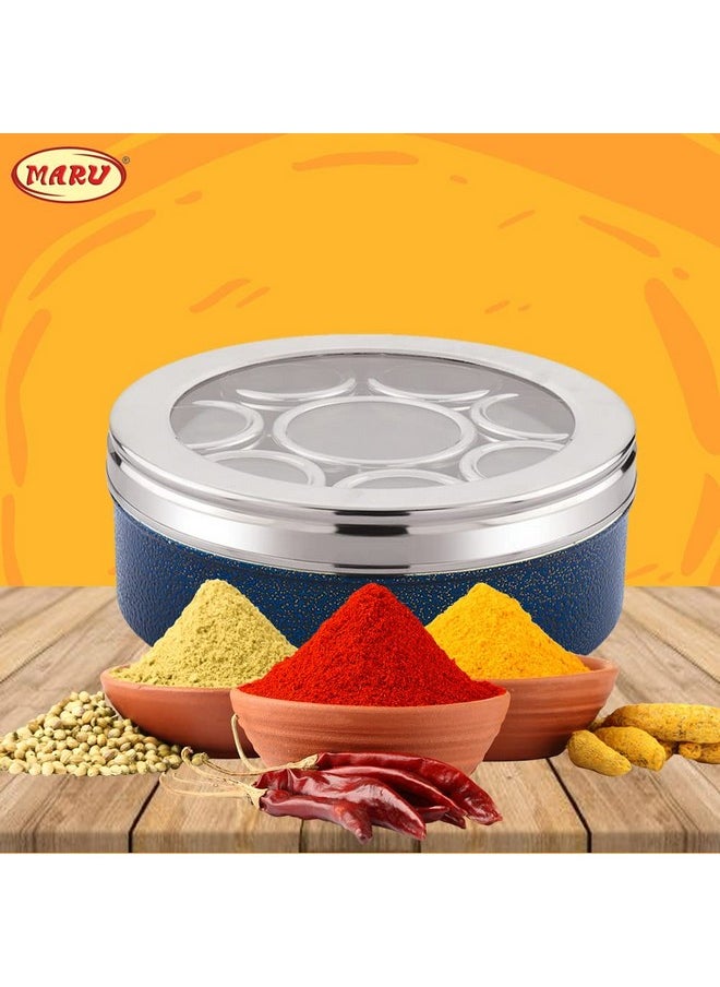 MARU MARU 8 in 1 Stainless Steel Masala Box for Kitchen, Stylish Spice Box with See-Through Lid, Includes 8 Containers and 3 Spoons - Perfect Kitchen Masala Dabba, Dark Blue (20.5cms) Size 12  - Image 2