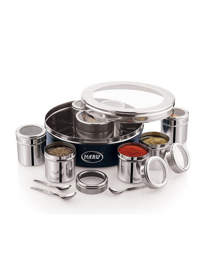 MARU MARU 8 in 1 Stainless Steel Masala Box for Kitchen, Stylish Spice Box with See-Through Lid, Includes 8 Containers and 3 Spoons - Perfect Kitchen Masala Dabba, Dark Blue (20.5cms) Size 12  - Image 1
