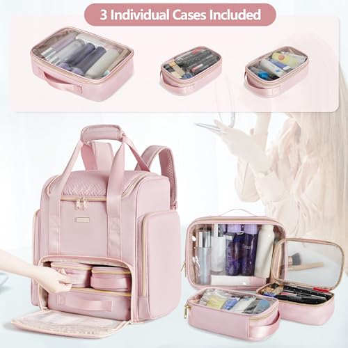 Prokva Large Makeup Backpack with 3 Clear Makeup Bags, Double Layers Professional Makeup Travel Case with Brushes Storage Section for Makeup Artists, Pink (Patent Design) - Image 3