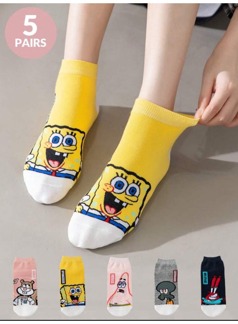 جوارب قصيرة نسائية من سبونج بوب سبونج بوب، 5 أزواج، جوارب صيفية مسامية تمتص الرطوبة، مناسبة للسفر اليومي والمدرسة، جوارب قصيرة منخفضة الساق - Image 1