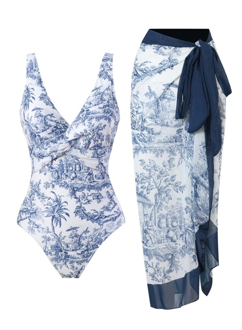 2pcs one piece swimsuit lace up swimsuit skirt swimsuit set - Image 1