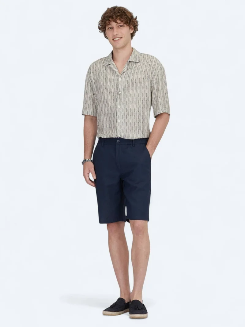 Kip Navy Blue Weaving Jogging Fit Casual Cotton Blended Bermuda