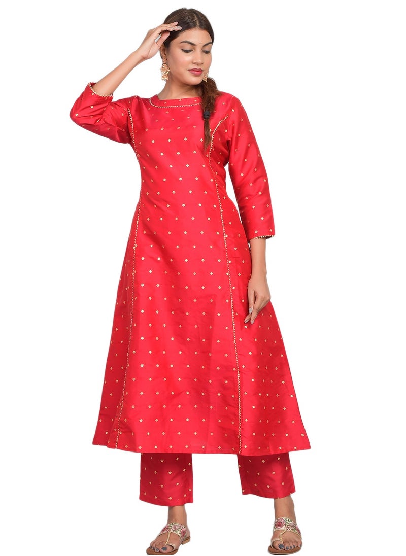 Riara Women Bright Red Kurta Pant Set Summer Suit Solid Colour Flared Kurti with Pant Casual Kurta Set for Girls Art Silk (Taffeta Booty) Size XXL  - Image 2
