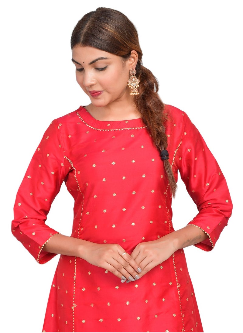 Riara Women Bright Red Kurta Pant Set Summer Suit Solid Colour Flared Kurti with Pant Casual Kurta Set for Girls Art Silk (Taffeta Booty) Size XXL  - Image 3