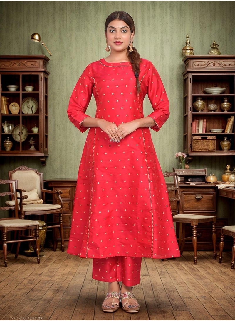 Riara Women Bright Red Kurta Pant Set Summer Suit Solid Colour Flared Kurti with Pant Casual Kurta Set for Girls Art Silk (Taffeta Booty) Size XXL  - Image 1