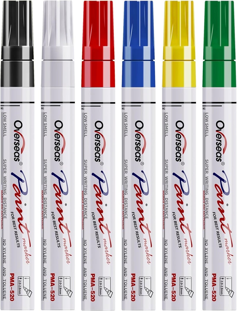 Overseas Paint Marker Pens - 6 Colors Permanent Oil Based Paint Markers, Medium Tip, Quick Dry and Waterproof Assorted Color Marker for Metal, Wood, Fabric, Plastic, Rock Painting, Stone, Mugs, Canvas, Glass - Image 1