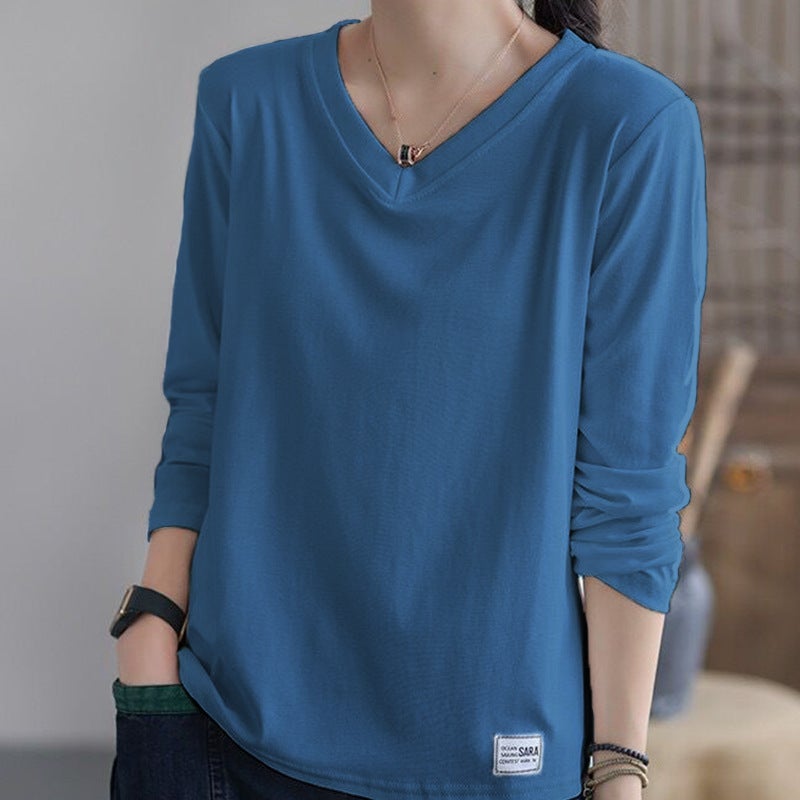 V-Neck Long Sleeve Tee Women Casual Loose Fit Spring 2023 Blue  - Image 1