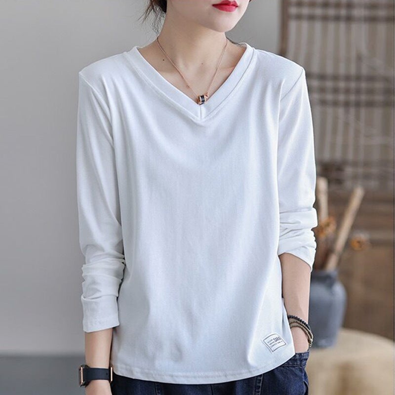 V-Neck Long Sleeve Tee Women Casual Loose Fit Spring 2023 Blue  - Image 2