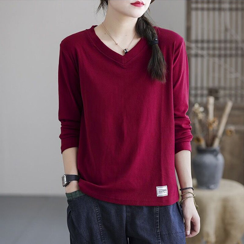 V-Neck Long Sleeve Tee Women Casual Loose Fit Spring 2023 Blue  - Image 4