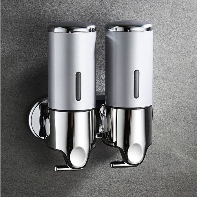 2 CHAMBER WALL MOUNTED BATHROOM SHOWER PUMP DISPENSER AND ORGANIZERHOLDS SHAMPOO SOAP CONDITIONER SHOWER GEL FOR BATHROOM KITCHEN HOTEL SILVER 2 CHAMBER