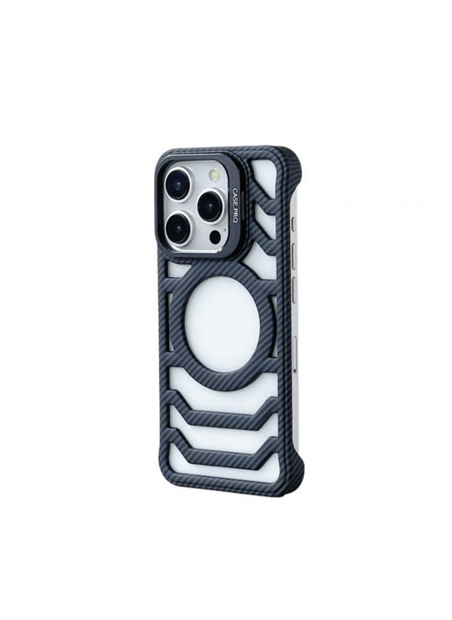 general Heat dissipation hollow iPhone 16ProMax/16Pro mobile phone case bracket frosted magnetic carbon fiber pattern hard shell - Image 1