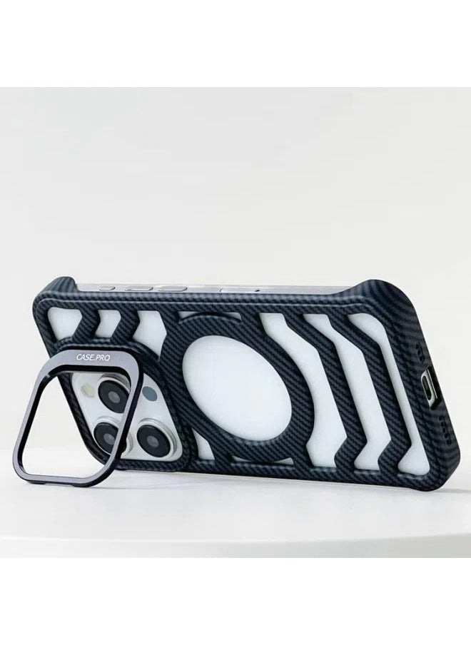 general Heat dissipation hollow iPhone 16ProMax/16Pro mobile phone case bracket frosted magnetic carbon fiber pattern hard shell - Image 2