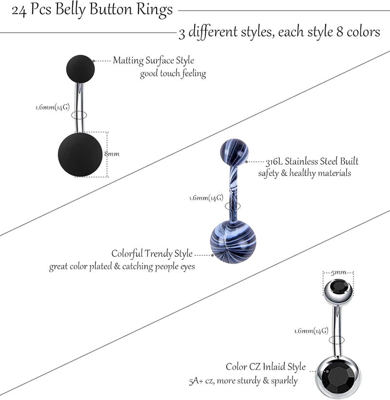 EVELICAL 24-50Pcs 14G Stainless Steel Belly Button Rings for Women CZ Screw Navel Bars Body Piercing Jewelry - Image 3
