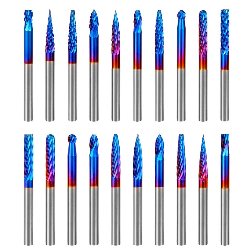 Hakkin 20 Pcs Carbide Rotary Burrs Set, End Mill CNC Router Bit, 1/8" Shank Nano Blue Coating Ball Nose End Mill, Double Cut Coat Rotary Drill for Die Grinder Woodworking, Engraving, Drilling, Carving - Image 1
