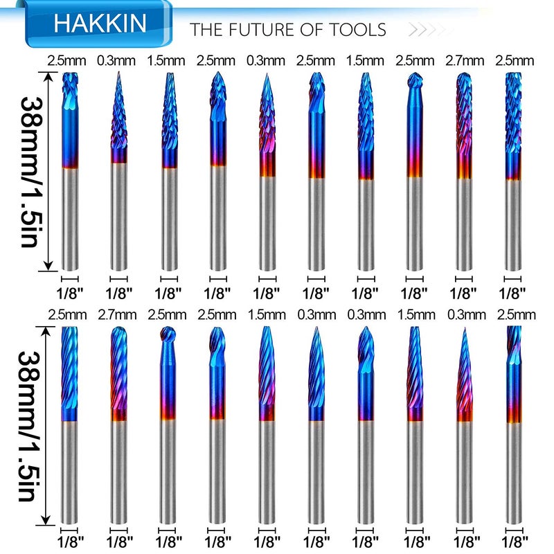 Hakkin 20 Pcs Carbide Rotary Burrs Set, End Mill CNC Router Bit, 1/8" Shank Nano Blue Coating Ball Nose End Mill, Double Cut Coat Rotary Drill for Die Grinder Woodworking, Engraving, Drilling, Carving - Image 2