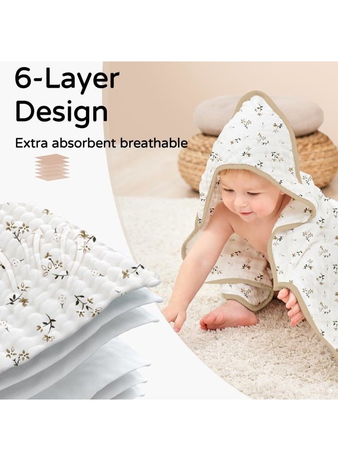 YOOFOSS Hooded Baby Towels for Newborn 2 Pack 100% Muslin Organic Cotton Baby Bath Towel with Hood for Babies, Infant, Toddler and Kids, 32x32Inch, Soft and Absorbent Newborn Essential, Beige Floral - Image 3