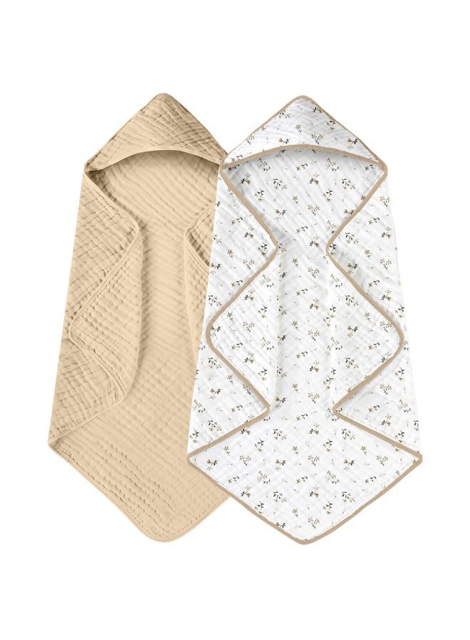YOOFOSS Hooded Baby Towels for Newborn 2 Pack 100% Muslin Organic Cotton Baby Bath Towel with Hood for Babies, Infant, Toddler and Kids, 32x32Inch, Soft and Absorbent Newborn Essential, Beige Floral - Image 1