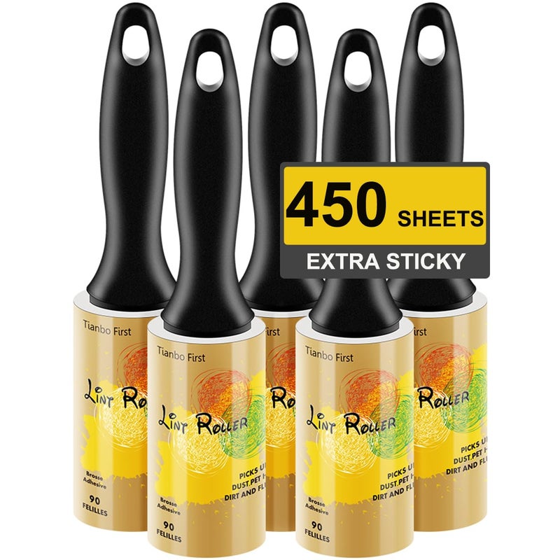 TIANBO FIRST Lint Rollers for Pet Hair Extra Sticky Roller for Dog Cat Fur Removal Travel Size for Clothes Couch 450 Sheets Total 5 Packs