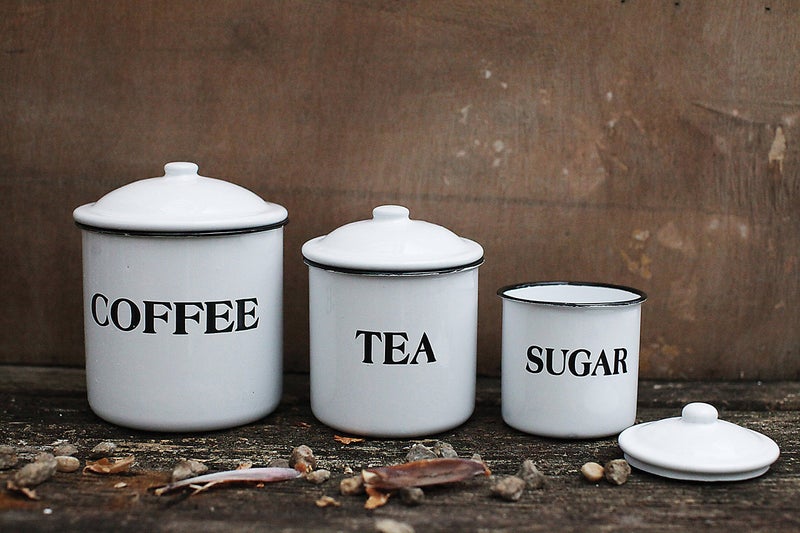 Creative Co-Op Metal Containers with Lids, Coffee, Tea, Sugar (Set of 3 Sizes/Designs) - Image 3