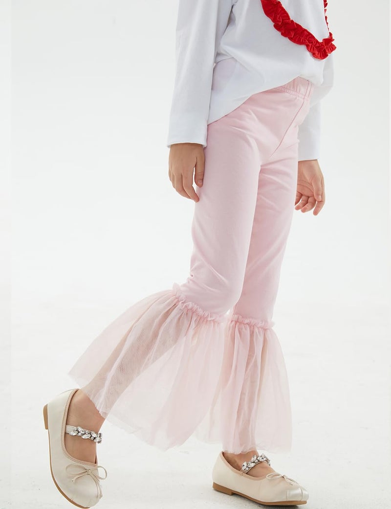 Noomelfish Little Girls Ruffle Leggings Tulle Bell Bottoms Flare Pants Trousers, Pink, Size 7-8 Years - Image 2