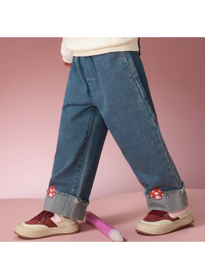 Ask Junior Kids Spring Denim Jeans With Frayed Cuffs, Girls Straight Leg Pants, Blue, Size 130