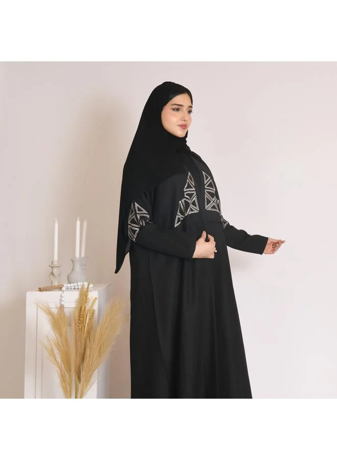 عبايات حوراء عباية لف باللون الاسود بتطريز ابيض
