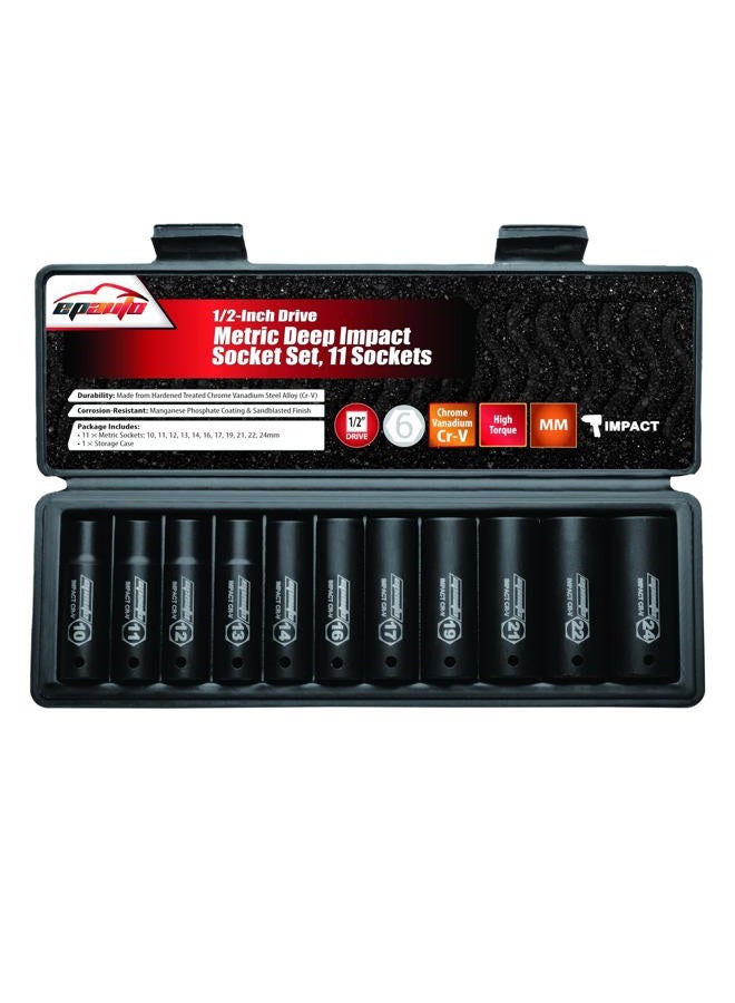 EPAuto 1/2-Inch Drive Metric Deep Impact Socket Set, 11 Sockets - Image 1
